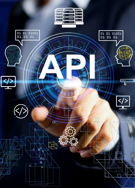 Eine Hand berührt ein leuchtendes API-Symbol, umgeben von Technik-Symbolen