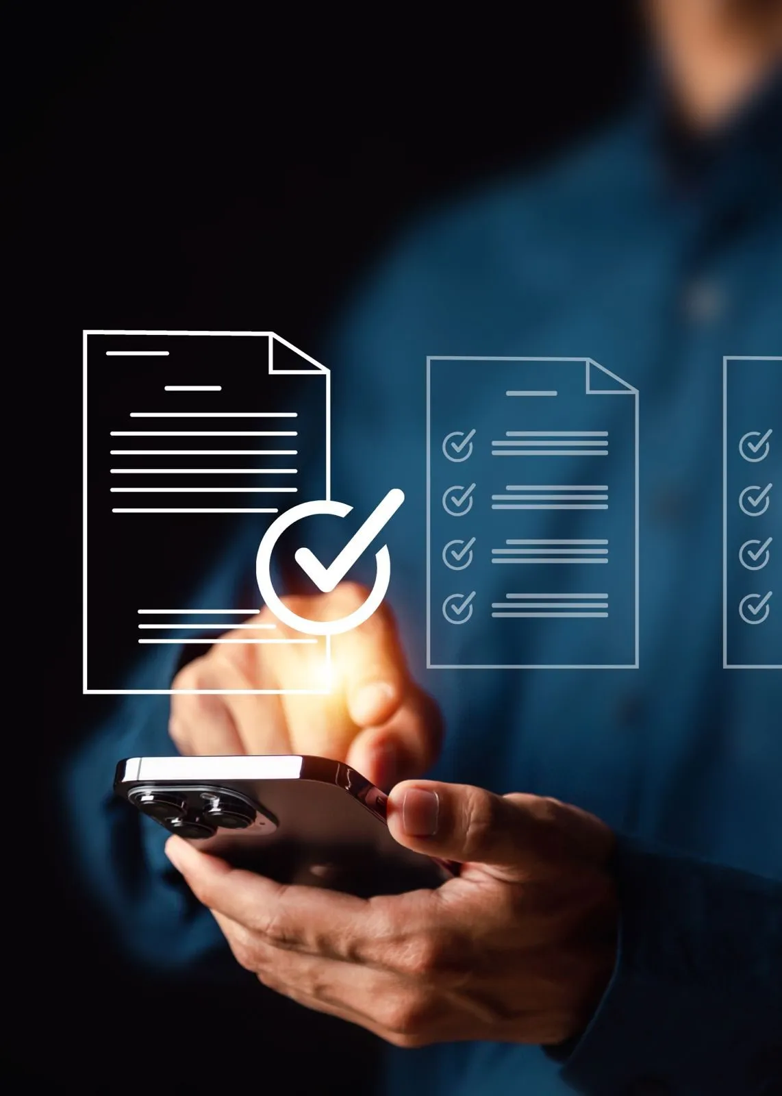 A hand holding a smartphone, with a document and a large checkmark floating above the screen