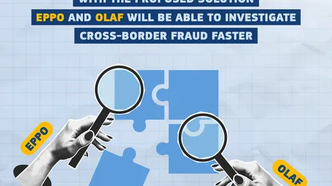 Illustration: two hands labeled EPPO and OLAF examine blue puzzle pieces with magnifying glasses