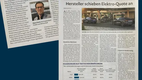 Ausschnitte aus der Automobilwoche zur E-Auto-Kaufprämie und zur Elektro-Quote der Hersteller