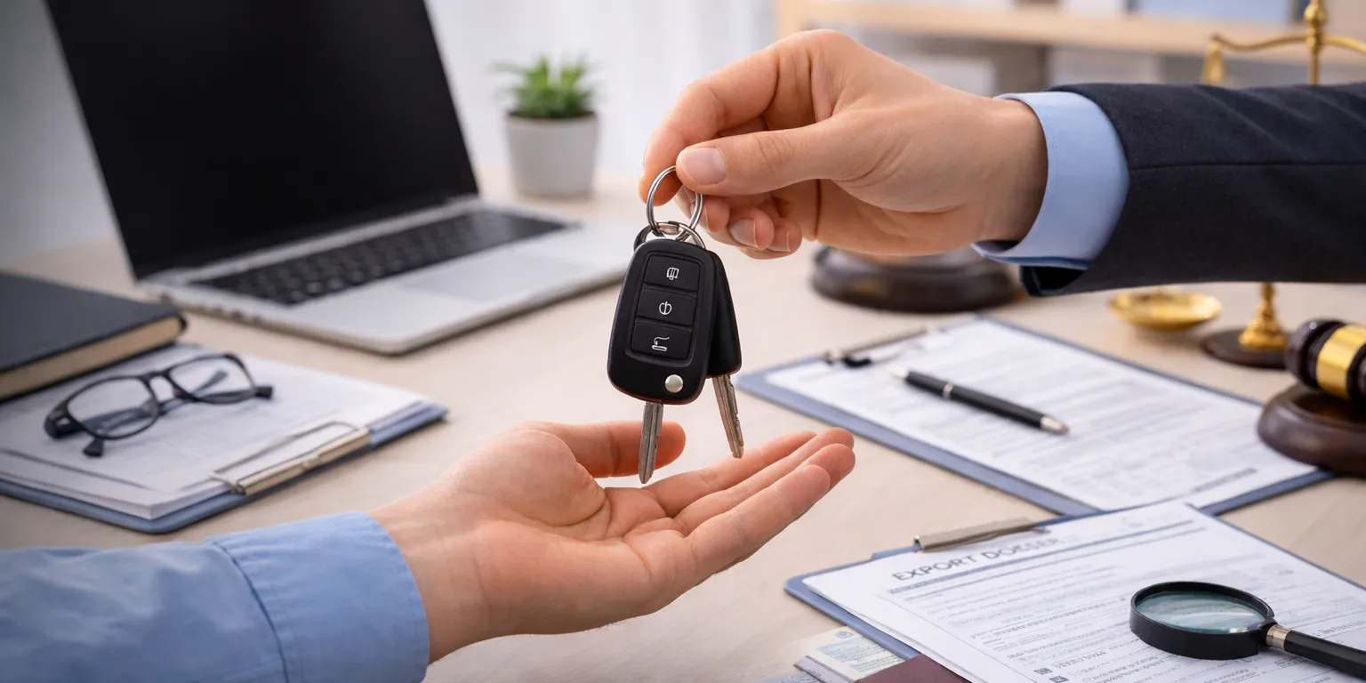 A car key handed over above a desk with export documents and a magnifying glass