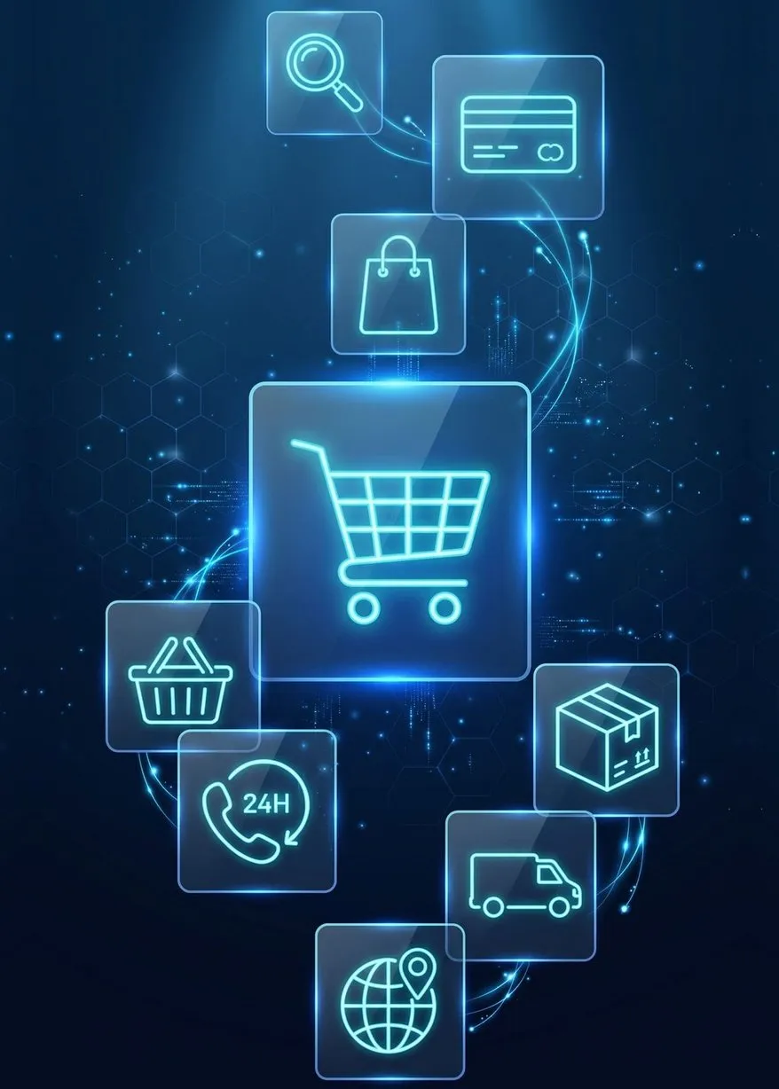 Illustration of glowing online shopping icons around a cart: a bag, a payment card, a parcel and a delivery van
